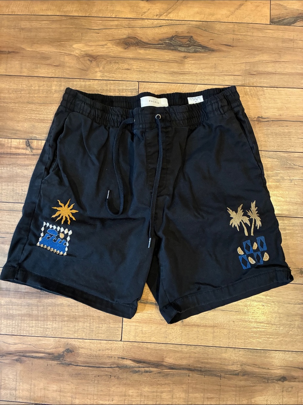 PacSun Black Shorts with Gold and Blue Embroidery